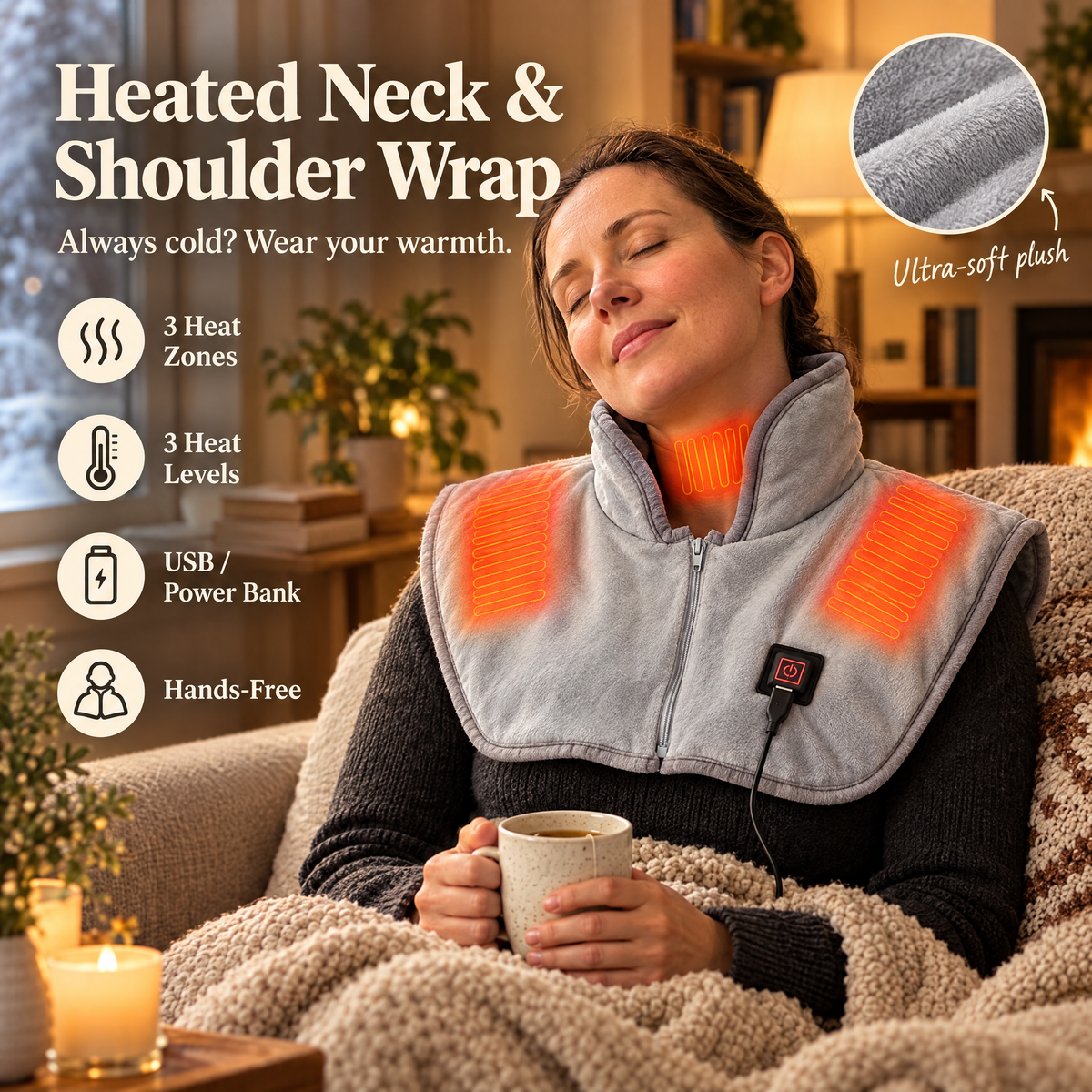 Heated neck and shoulder wrap: 3 heat zones, 3 heat levels, USB powered, hands-free