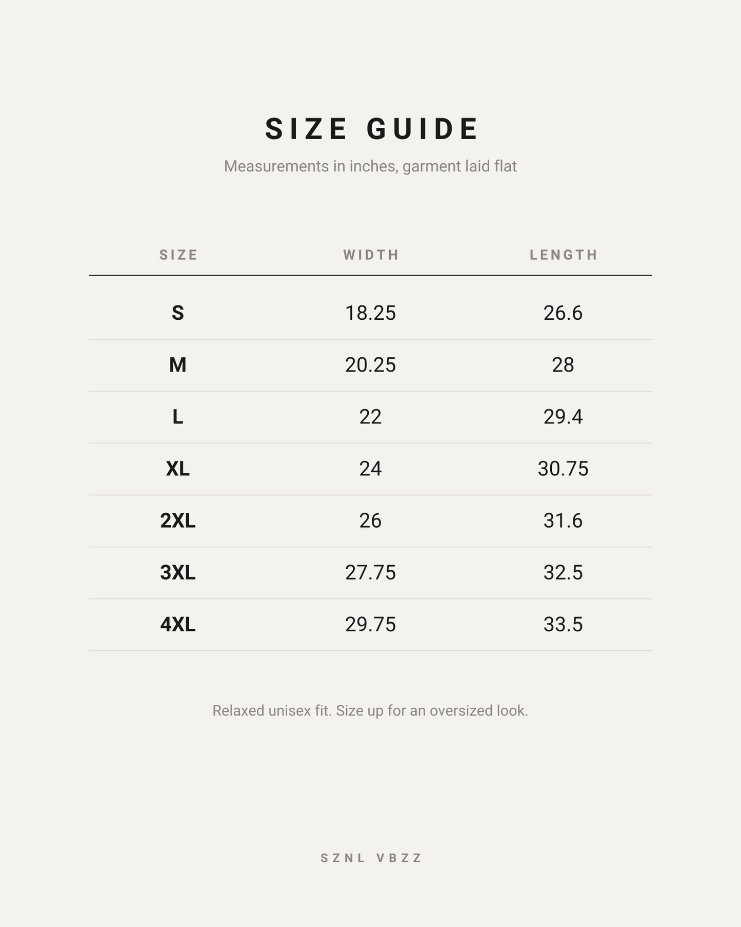 Size guide — measurements in inches, garment laid flat