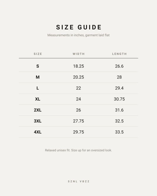 Size guide — measurements in inches, garment laid flat