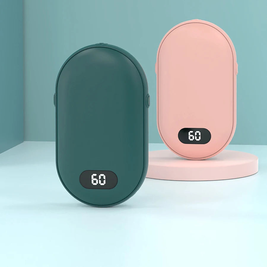 Rechargeable hand warmers in sage green and pink