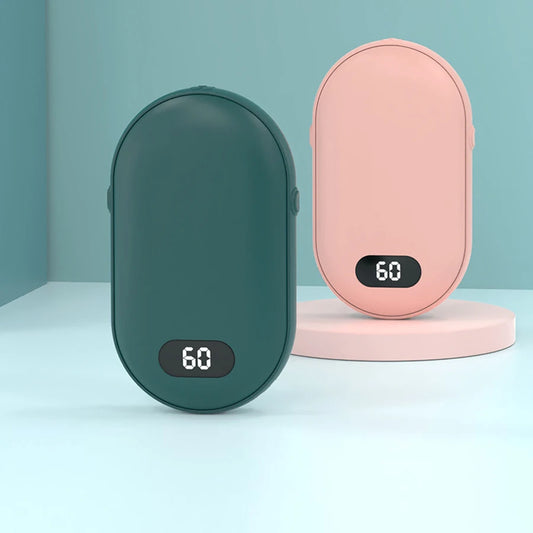 Rechargeable hand warmers in sage green and pink
